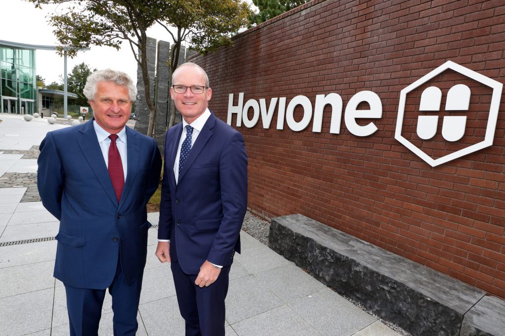 Picture showing Simon Coeveny, an Tánaiste and Minister for Foreign Affairs and Trade, and Hovione CEO Guy Villax at the Hovione site in Ringaskiddy Cork